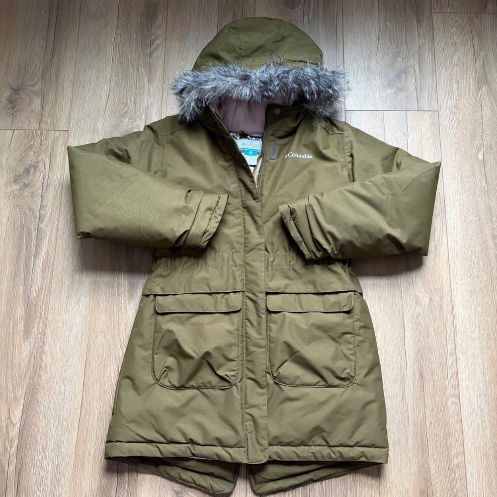 Columbia Olive Green Hooded Parka with Faux Fur Trim - Kids